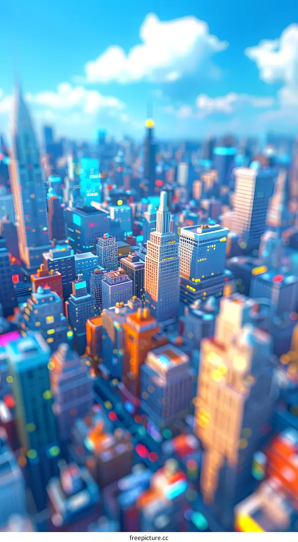 A miniature city with colorful buildings and a blue sky