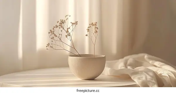 Neutral Dried Flower Arrangement in Ceramic Bowl on Table