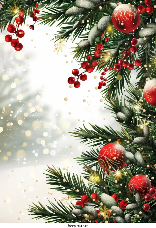 Christmas background with fir branches and red berries