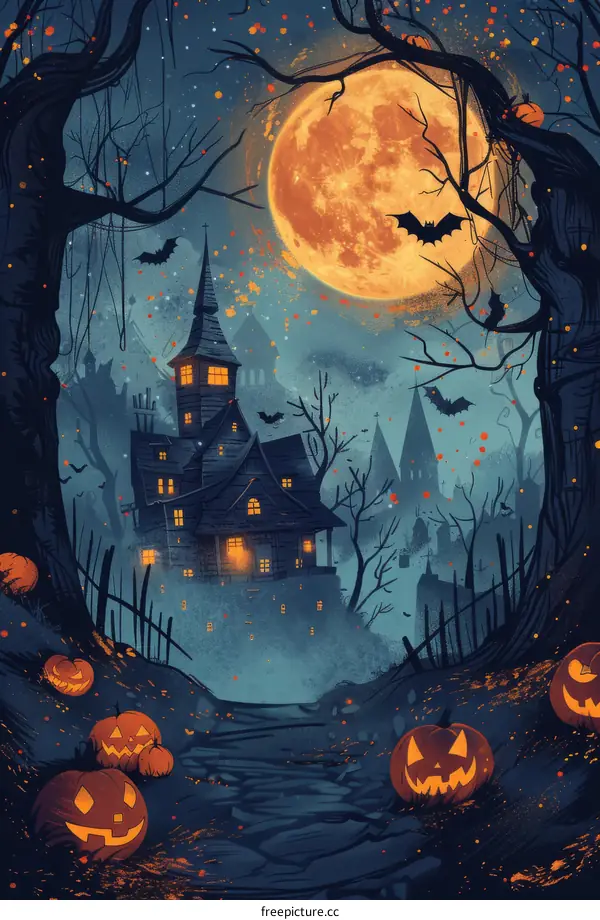 A haunted house in a spooky forest with a full moon and bats flying around