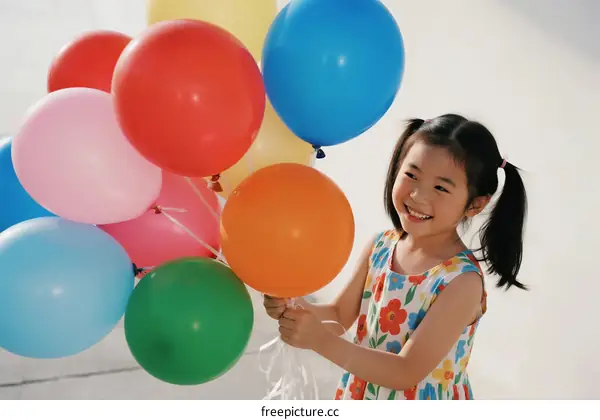 A Little Girl Holding Colorful Balloons with a Happy Expression