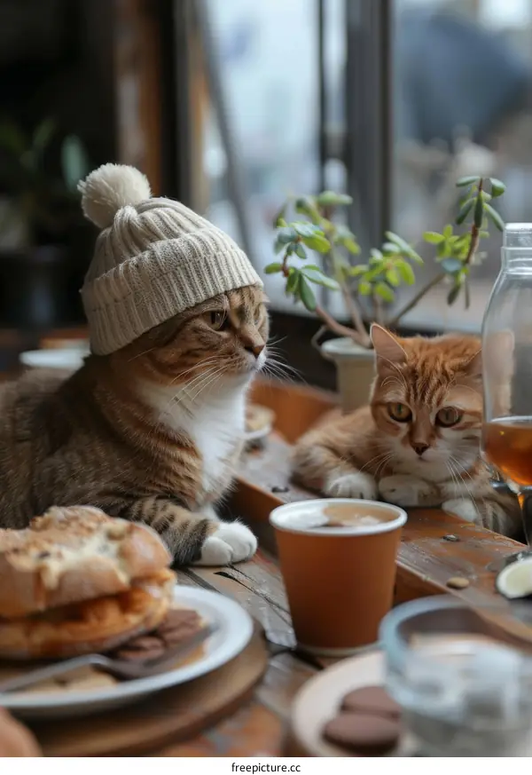 Two cats wearing hats are sitting at a table in a cafe