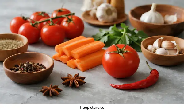 Fresh vegetables and spices arranged on gray stone table
