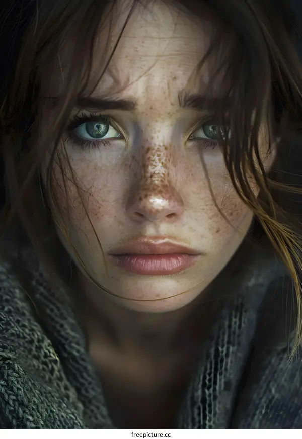 Intense Gaze of a Young Woman with Freckles