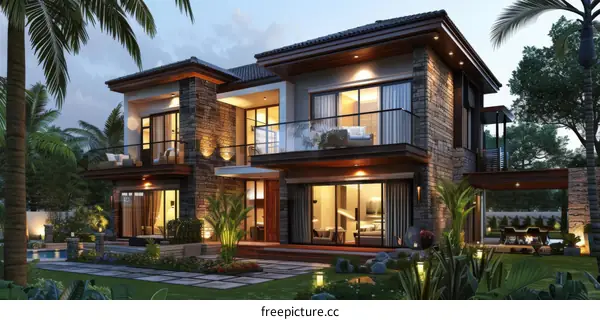 Modern Architectural House with Palm Trees