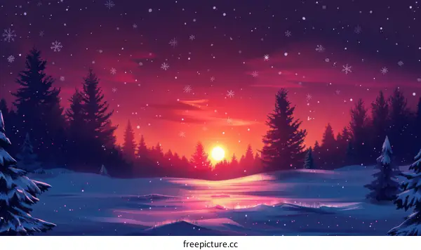 Winter Sunset Landscape With Snow