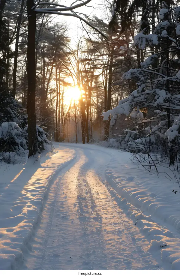 Snowy Path in Forest with Sunlight Shining Through Trees