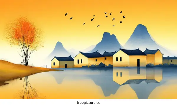 Autumn Scenery of a Chinese Village by the Water