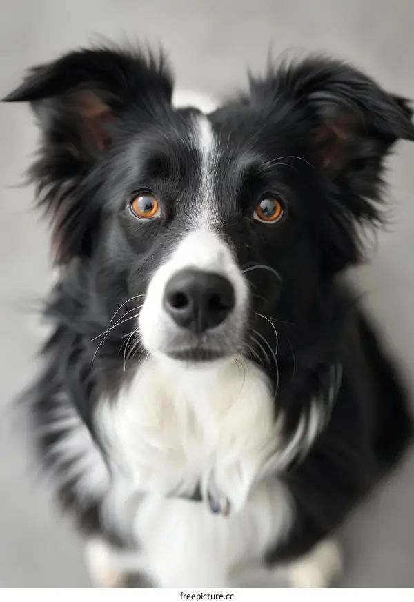 A Border Collie staring at the camera with amber eyes