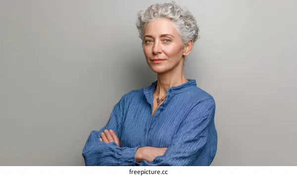 Confident Senior Woman in a Blue Shirt