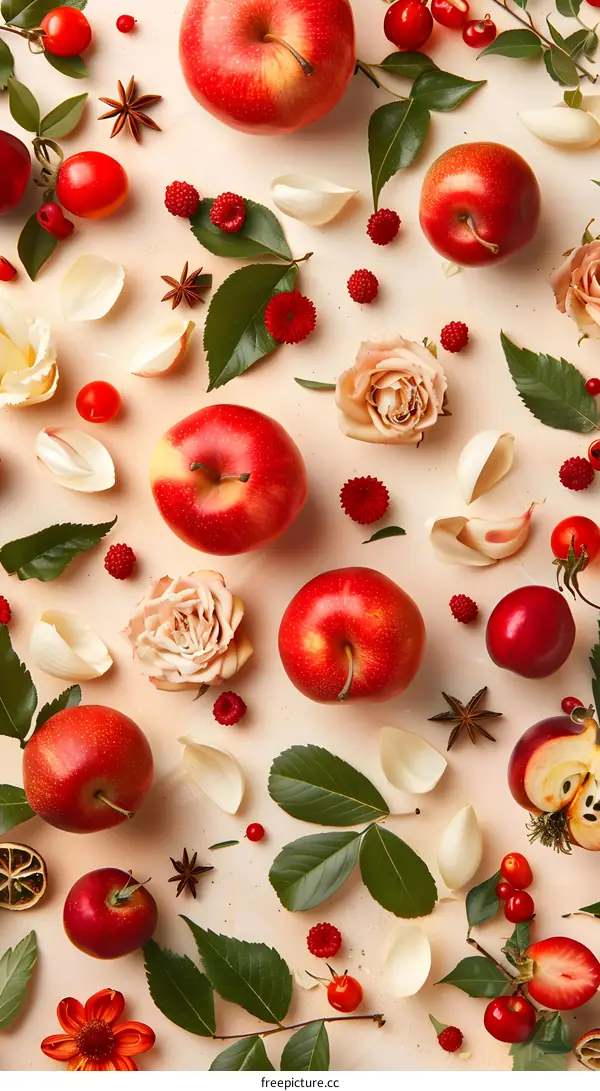 Red Apples with Flowers, Leaves and Berries