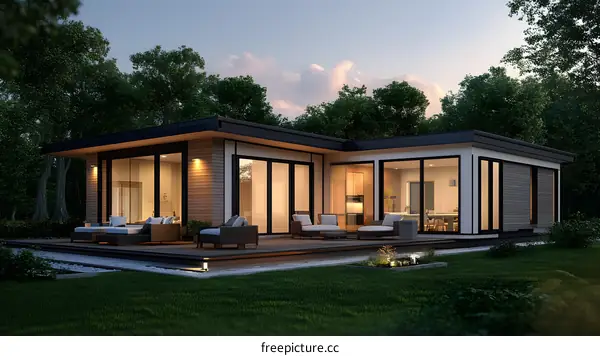 Modern Minimalist House Design With Large Windows And Wooden Deck