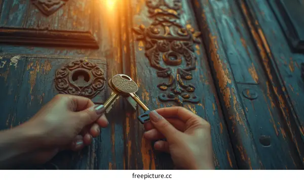 A person unlocking a door with two keys