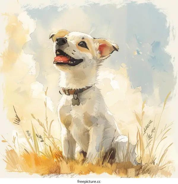 A cute puppy is sitting in a field of tall grass.