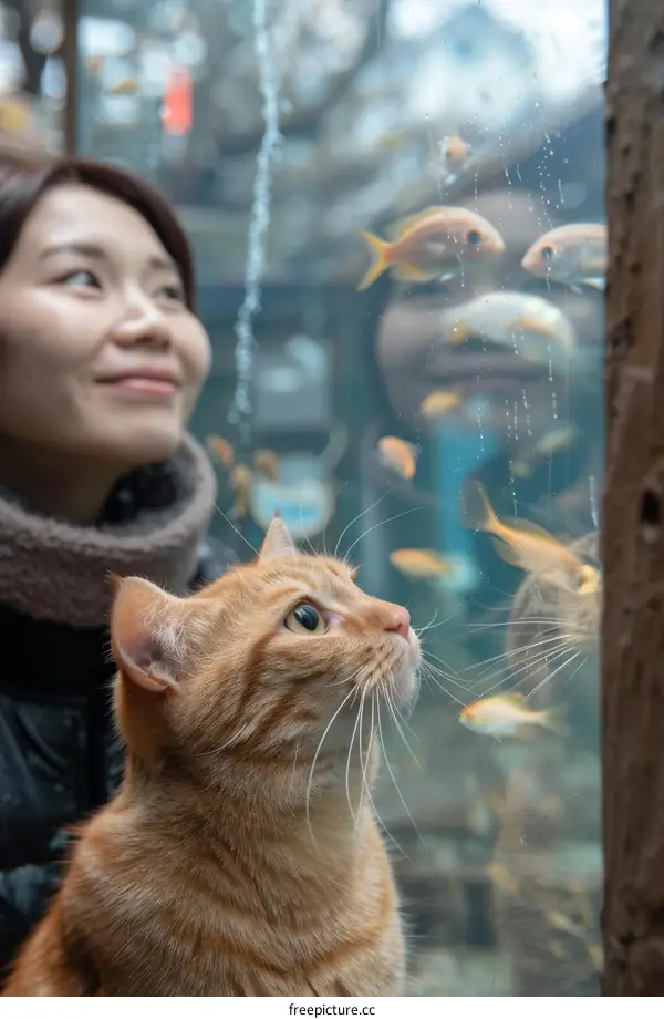 A ginger cat and a woman are looking at the fishes in an aquarium