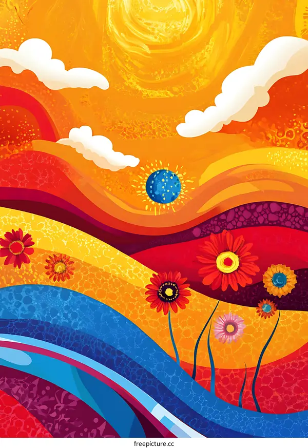 Abstract Colorful Landscape With Sun and Flowers