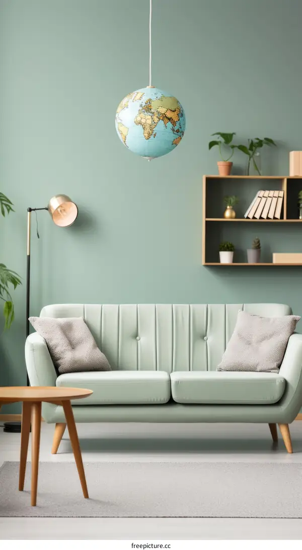 A stylish living room with a globe light