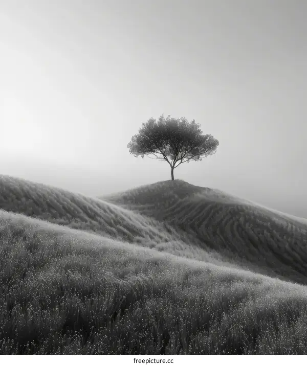 Solitary Tree on a Barren Hill: Black and White Landscape