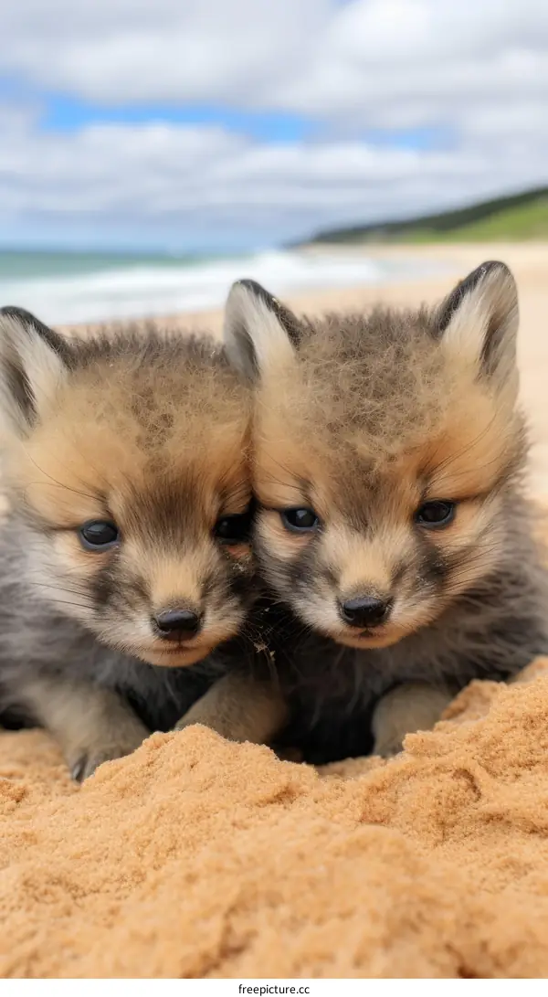 Two Cute Fennec Fox Kits Cuddled Up In The Sand