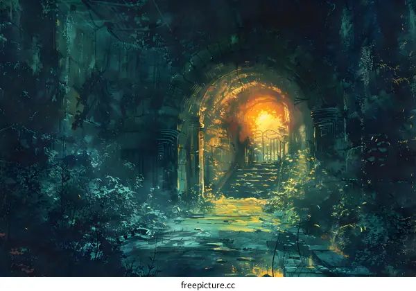 Overgrown Stone Archway in Forest