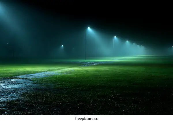 Misty Night Football Field Under Floodlights