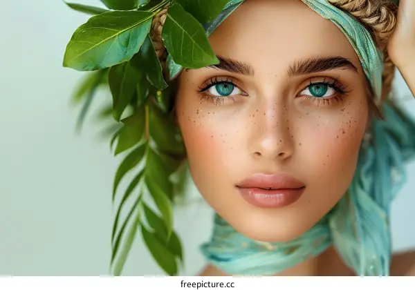 Close-up portrait of a beautiful young woman with green leaves in her hair