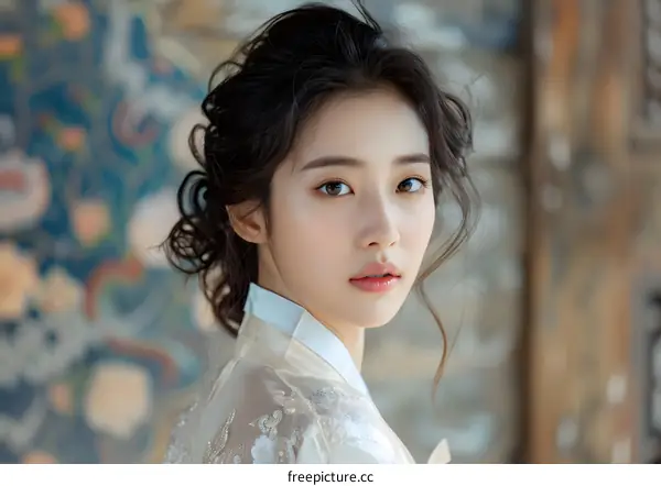 Beautiful Asian Woman Wearing Traditional Korean Hanbok Dress