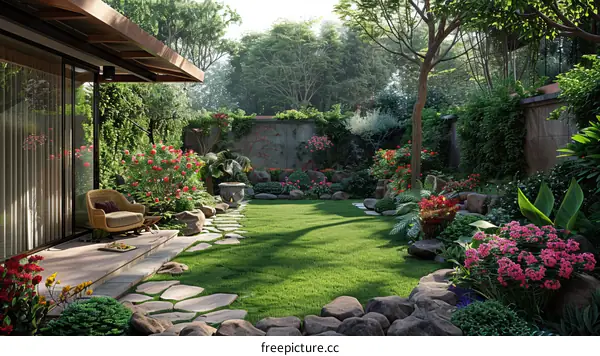Overgrown Garden Path with Stone Steps Leading to a Beautiful House