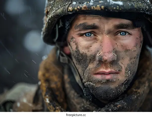 Portrait Of Soldier Covered In Mud And Snow