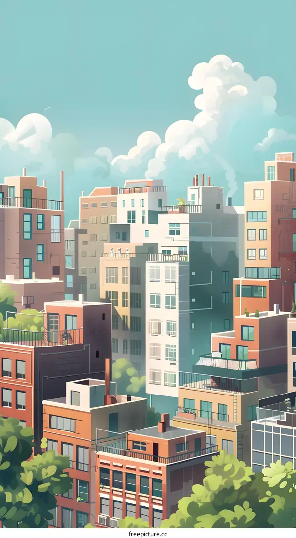 Cityscape with Blue Sky and White Clouds Illustration