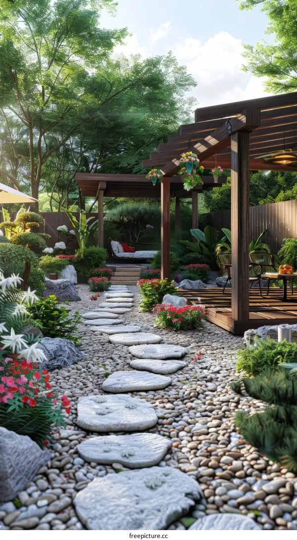 The stone slab path and wooden pavilion in the outdoor