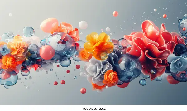 Colorful 3D flowers and bubbles