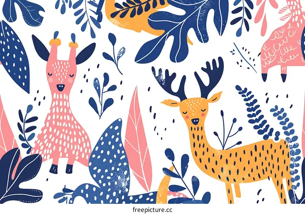 Cute Animals Illustration With Floral Pattern Background