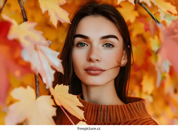 Portrait of Young Woman with Autumn Leaves
