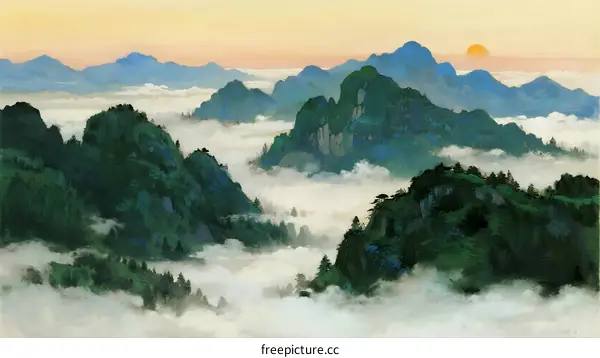 Beautiful mountain range with clouds and rising sun at dawn