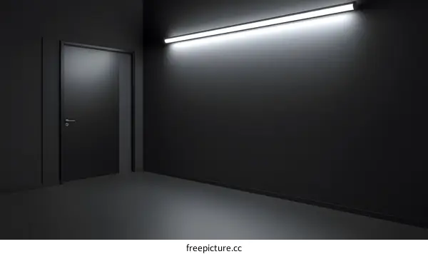 Dark Room Interior with Fluorescent Light and Door