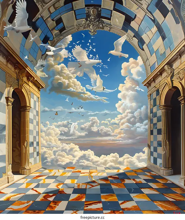 Surreal Painting of Pigeons Flying Through an Archway