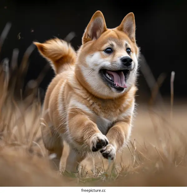 A happy Shiba Inu frolicking in a lush green meadow
