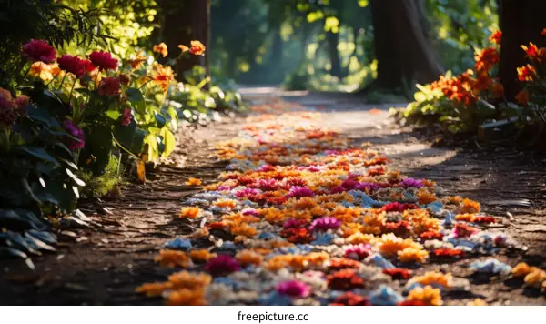 vibrant flower petals cover the forest path