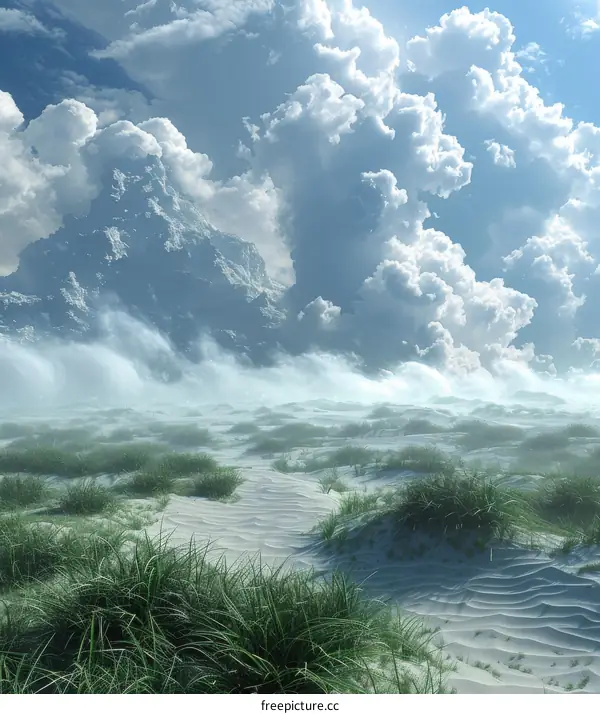 Fantasy Landscape: Verdant Fields and Snow-Capped Mountains