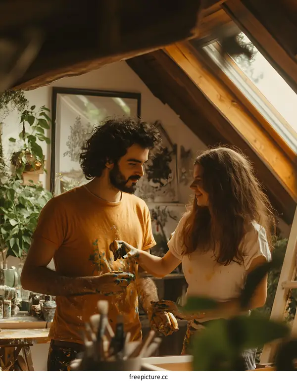 Couple Painting In A Loft Studio