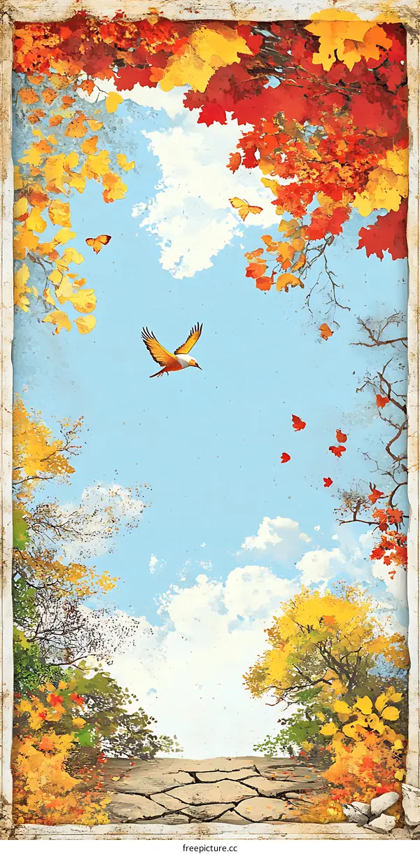 Autumn Leaves Falling on a Sunny Day with a Bird Flying