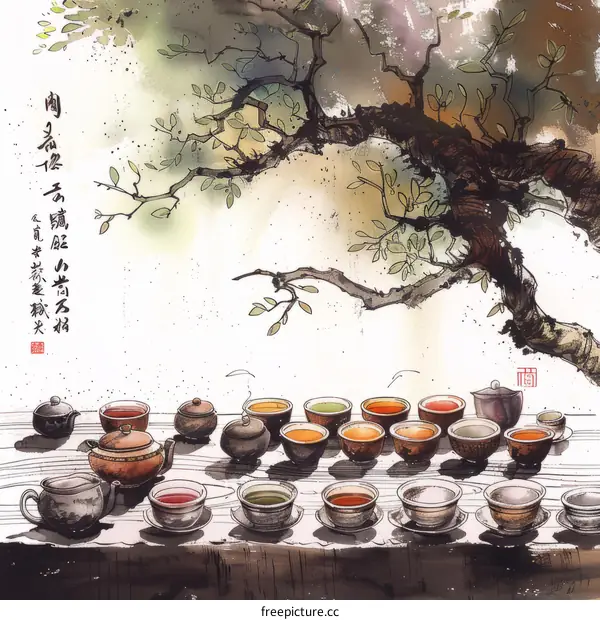 An illustration of a table full of teacups and teapots under a tree