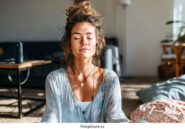 Woman in Peaceful Meditation Listening to Music