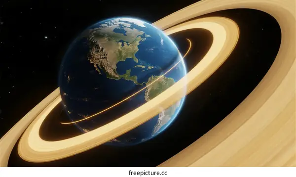 Earth with Saturn-like Rings in Space, Digital Illustration