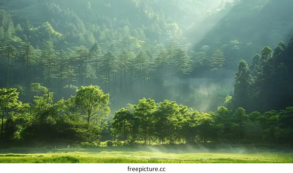 The sun shines through the forest