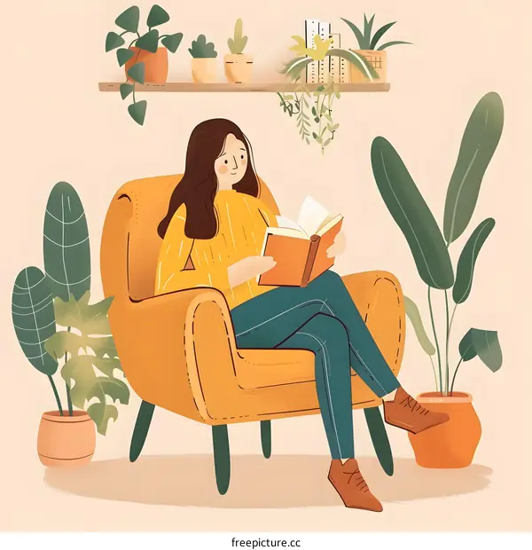 Woman Reading a Book in a Yellow Armchair