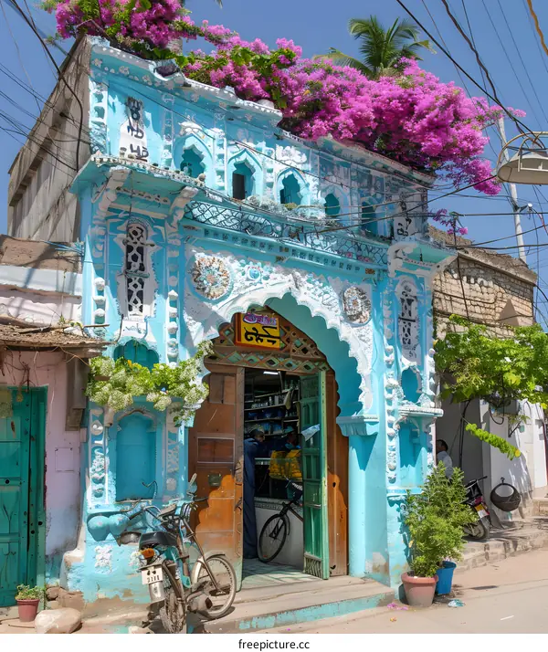 Blue Building with Pink Flowers in India