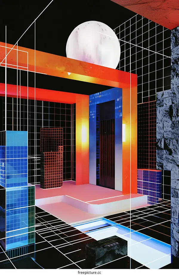 Abstract Geometric 3D Art, Futuristic Architecture with Moon