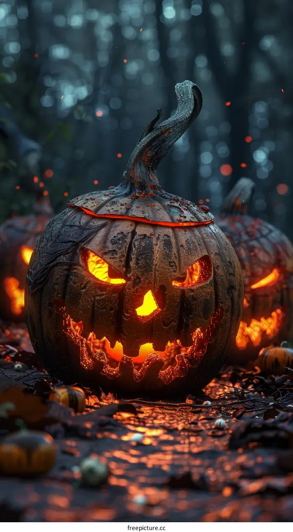 Eerie Halloween Pumpkin Lanterns Cast an Eerie Glow in a Dark Forest